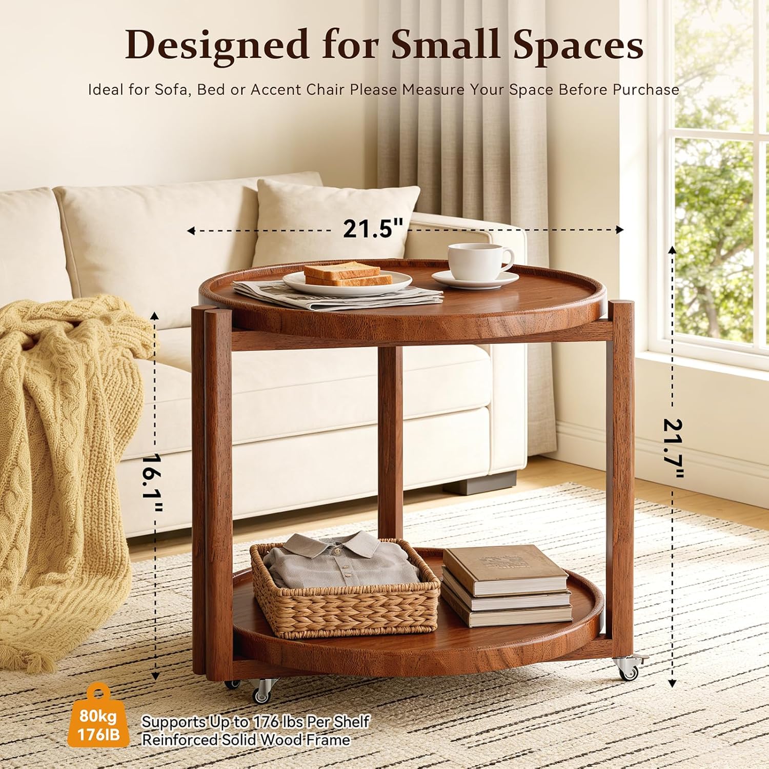 Taitiy Rolling Side Table with Wheels, Solid Wood Round End Table with Storage Shelf, 2 Tier Mobile Side Table for Couch & Small Spaces, Wooden Bedside Table with Lockable Casters, Walnut 21.5