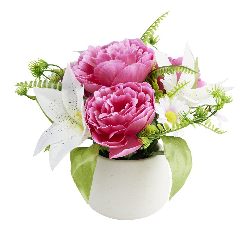 Composition florale artificielle en pot rose rose et lys blanc Ø24xH22cm