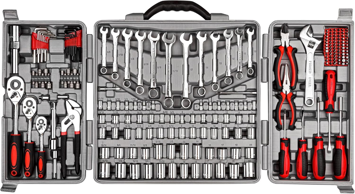 CARTMAN 205 Piece Ratchet Wrench Tool Set 1/4 & 3/8 & 1/2 Drive with SAE/Metric Sockets Kit in Plastic Toolbox
