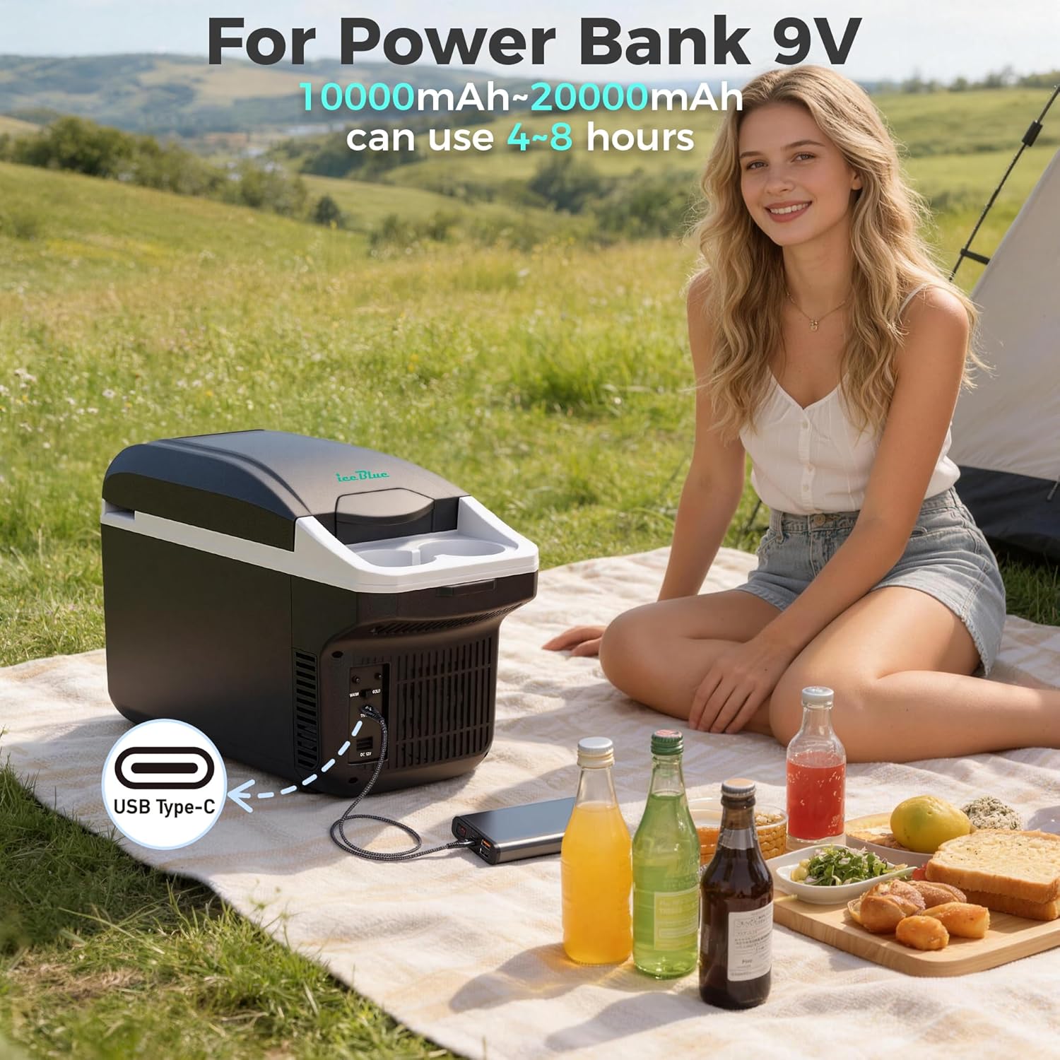 Iceblue Electric Cooler with Type-C, 8 Liter /11 Cans Mini Fridge with Belt, 9V Type-C Thermoelectric Dual-use Car Refrigerator, Car Fridge for Car, Dorm, Travel, Picnic, Gift - Black