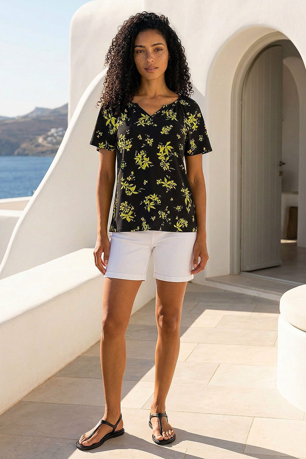 Roman Floral Print Gathered Stretch Top