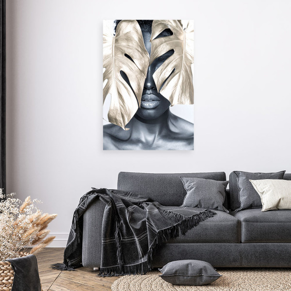 Obraz nowoczesny do salonu sypialni, Portret kobieta i złoty liść 20x30
