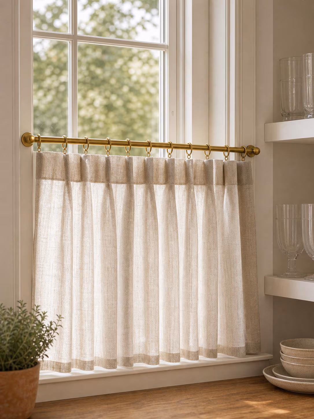 Brass Small Cafe Curtain Rod with Rings, Adjustable Portiere Rod, Kitchen Window Short Curtain Rod, Ball Finial Curtain Pole