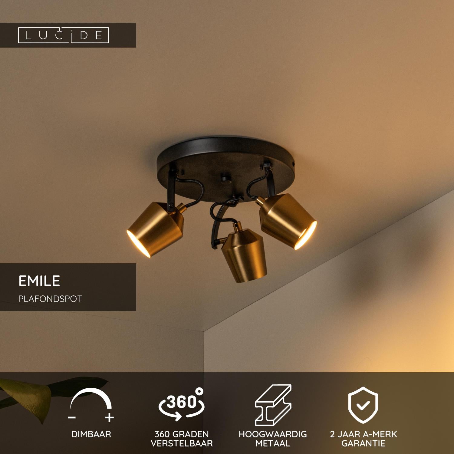 Lucide EMILE Plafondspot - Mat Goud   Messing