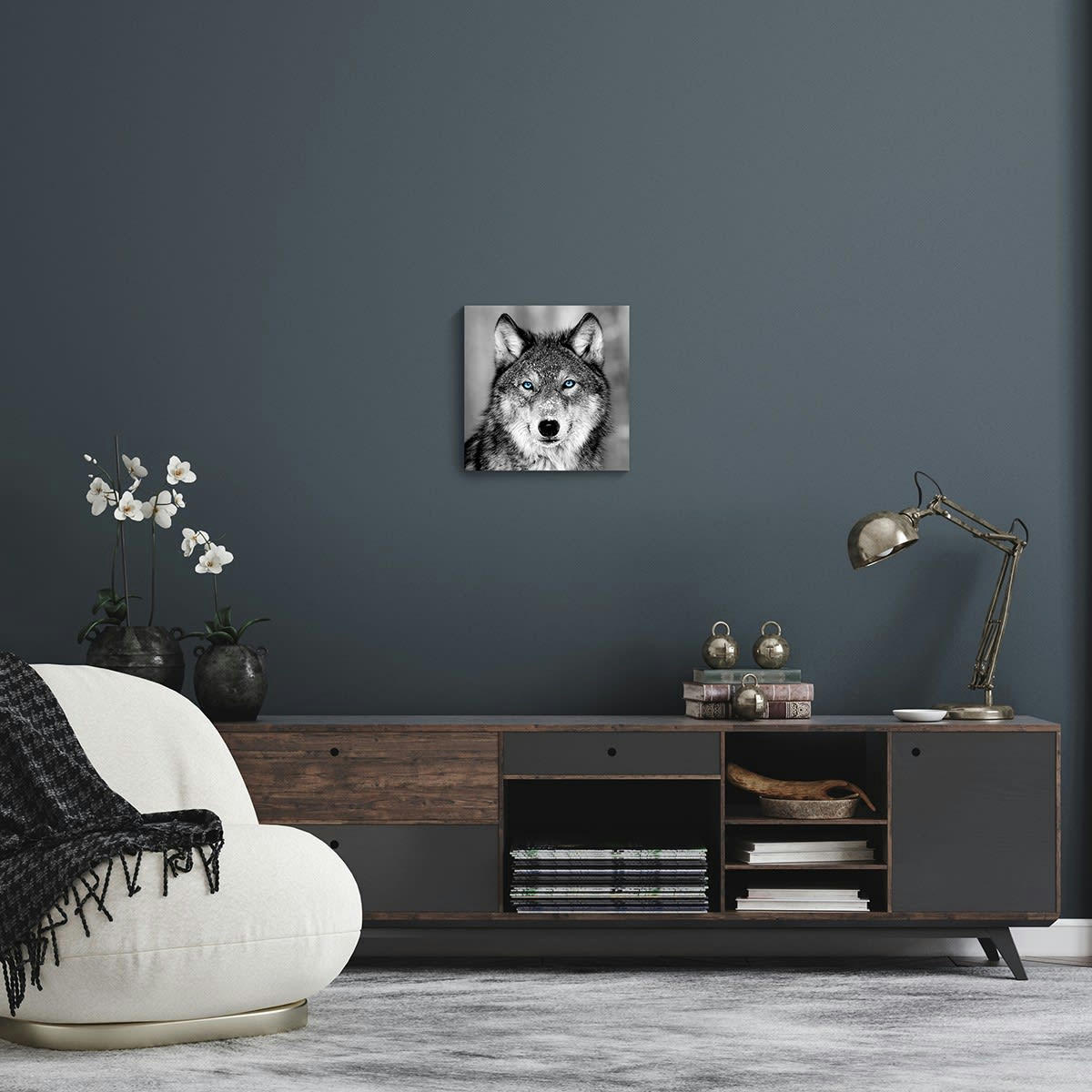 ANIMAUX - Tableau sur verre loup aux yeux bleus 45x45 cm