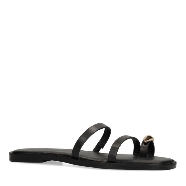 Zwarte leren slippers met goudkleurig detail