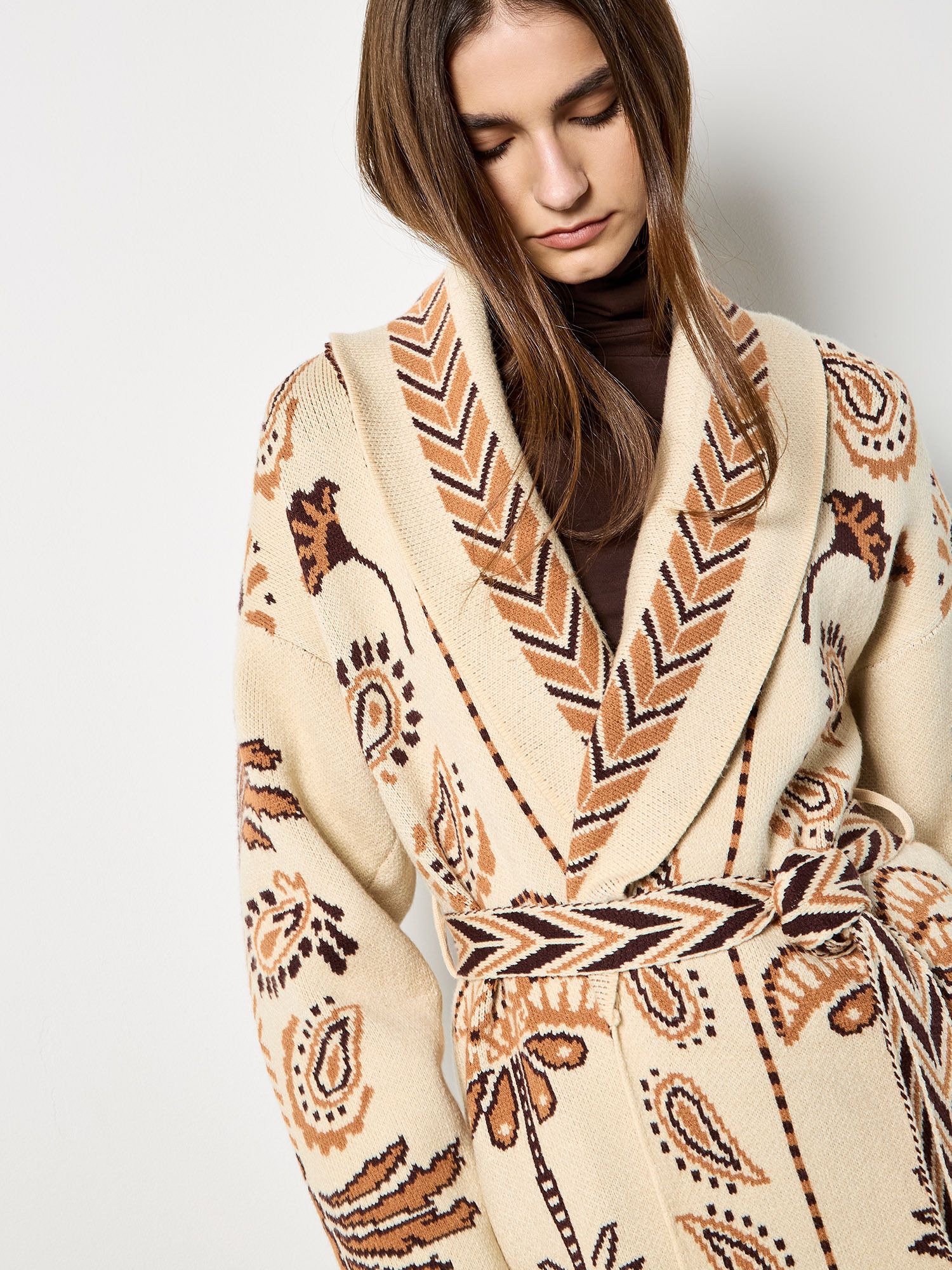 Apricot Chevron Palm Belted Cardigan