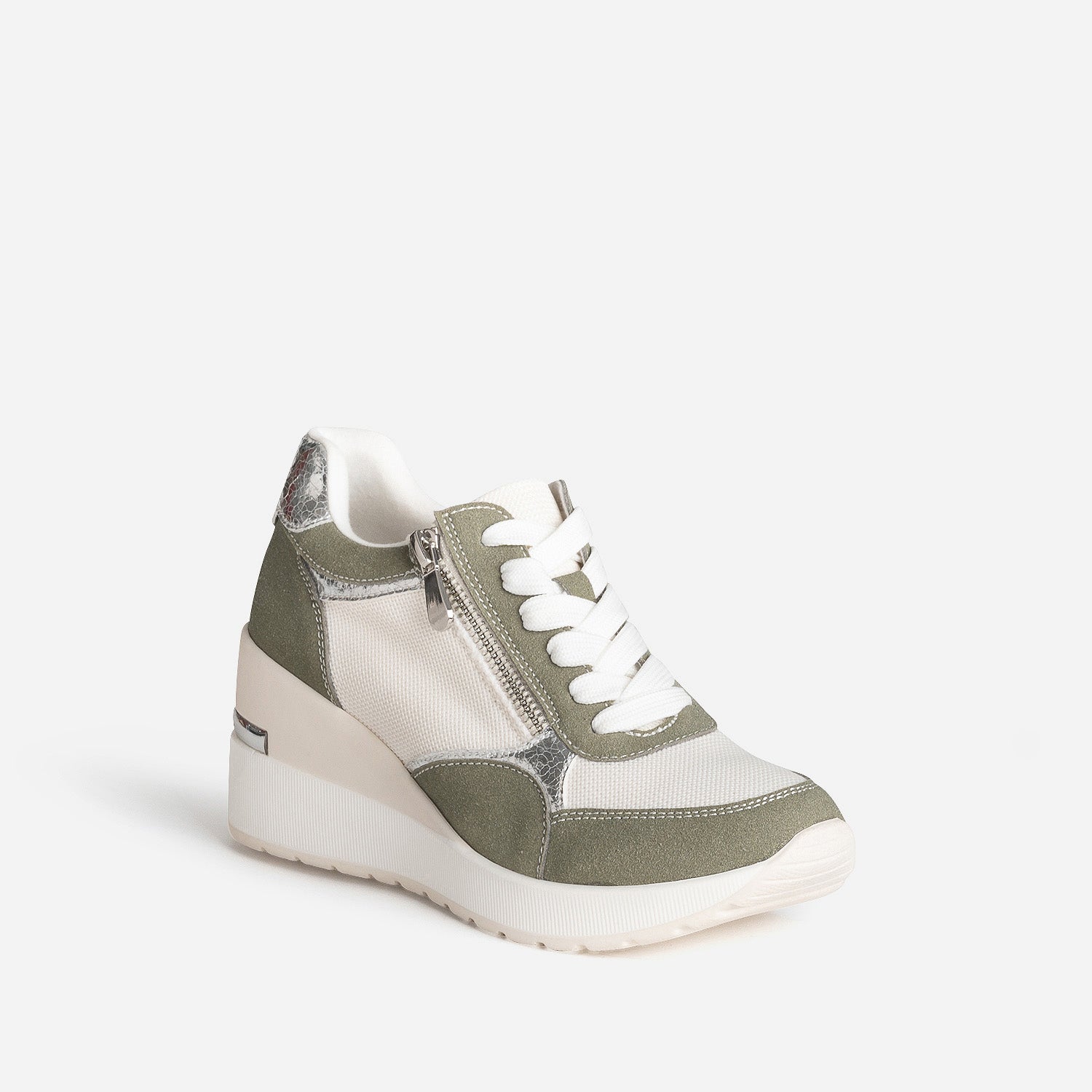 Tennis compensée kaki, blanc, argent métallisé