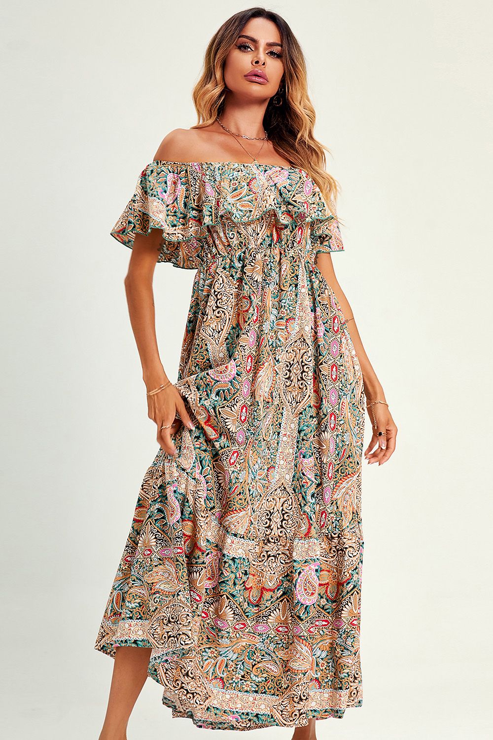 FS Collection Paisley Print Bardot Hem Maxi Dress In Beige