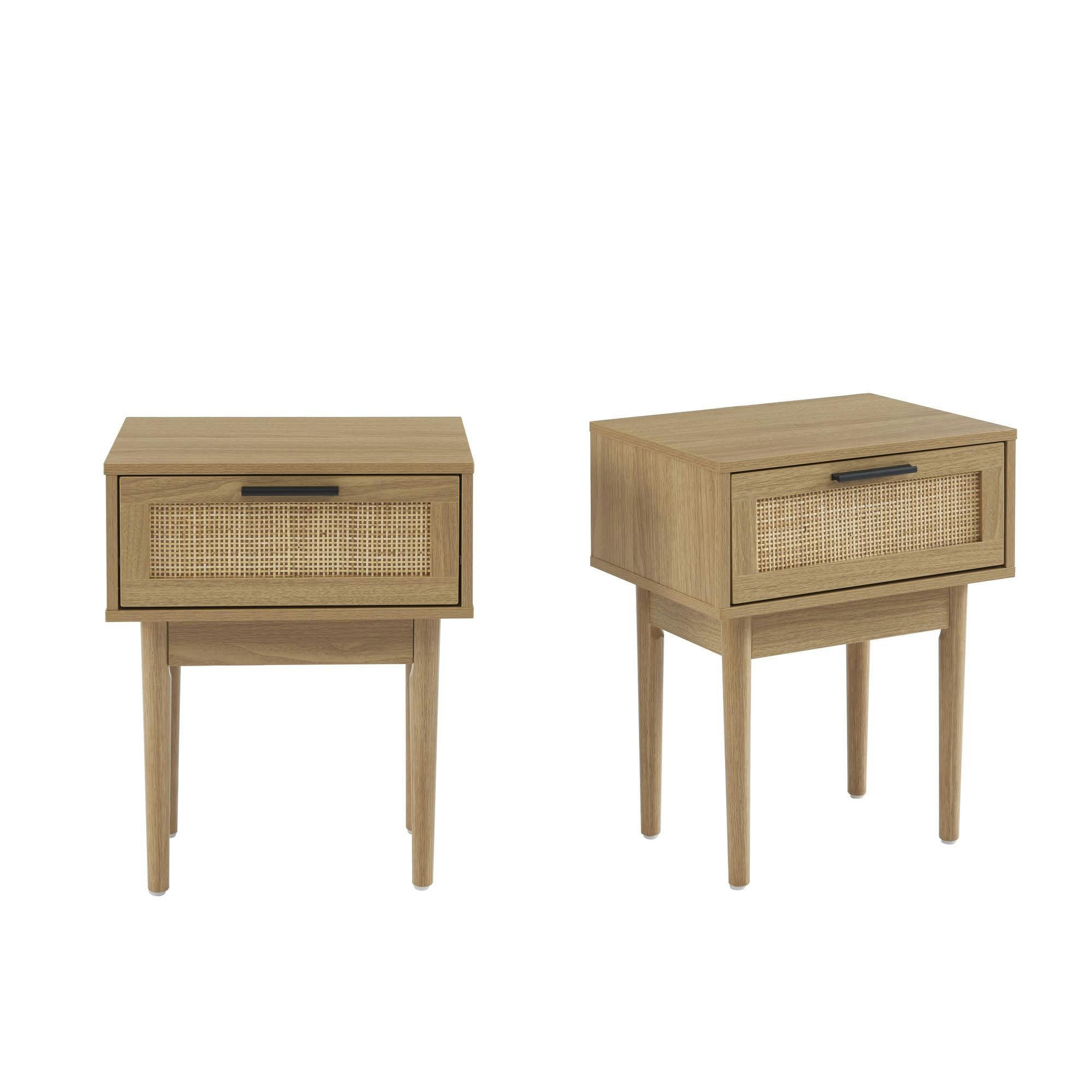 AMANA - Lot de 2 chevets  effet chêne et cannage rotin 40cm