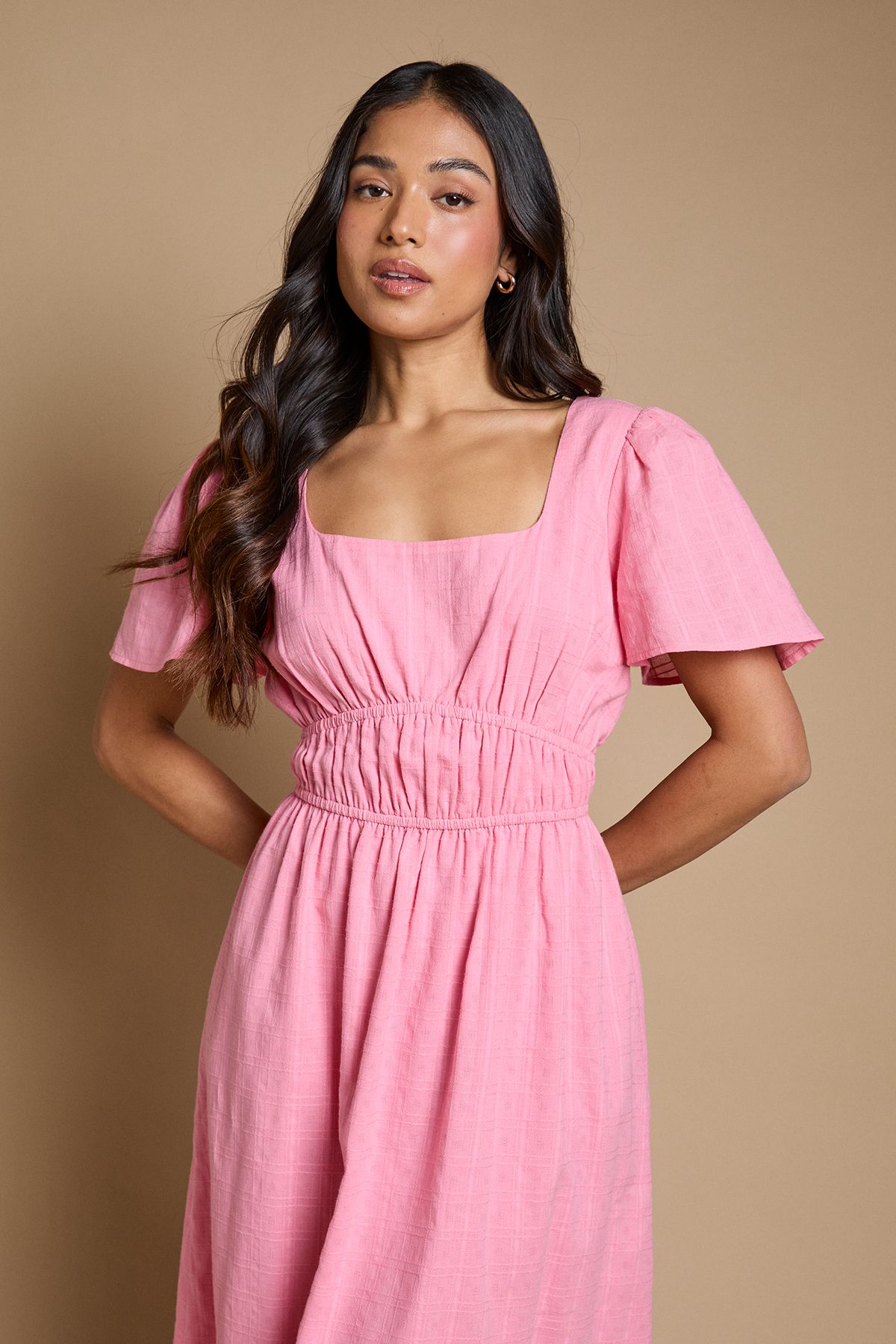 Dorothy Perkins Petite Angel Sleeve Elasticated Waist Dobby Cotton Midi Dress