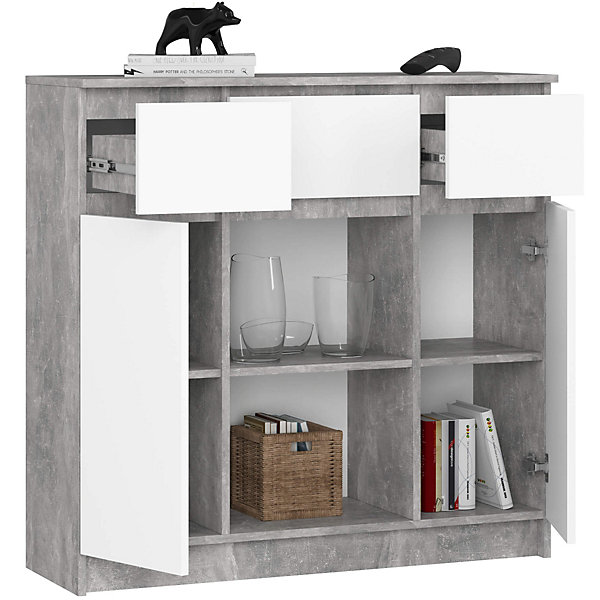 Commode AKORD K100 Béton 101 cm 2 portes 3 tiroirs façade Blanche 6 étagères 101x35x98 cm