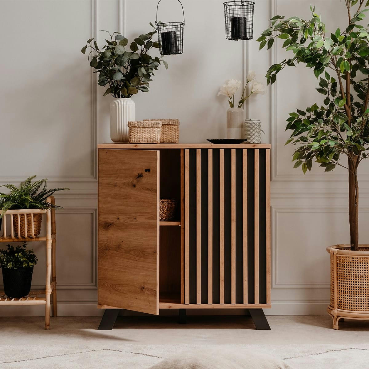 FLAVIA - Buffet 2 portes effet chêne, piètement anthracite 80 cm