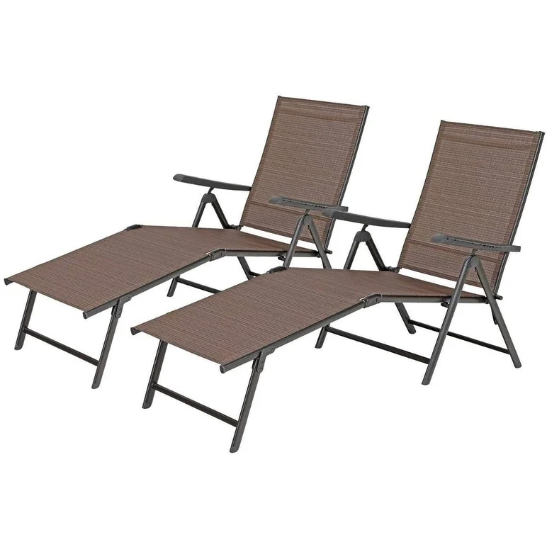 2 Piece 5 Stages Adjustable Folding Lounge Deck Chair,Outdoor Patio Metal Beach Yard Pool Recliner Chaise - Brown