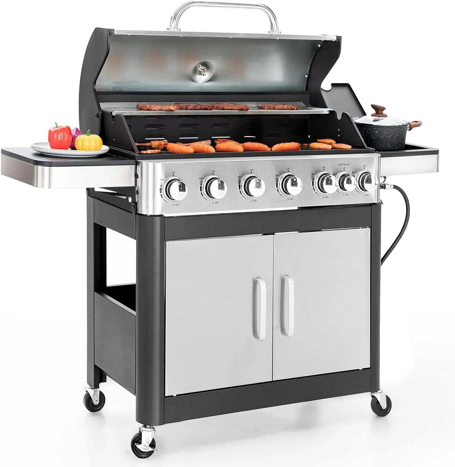 Burner Gas grill with side burner and enameled cast iron grille 42,000BTU outdoor cooking stainless steel propane grill Garden grill(6 Burner)
