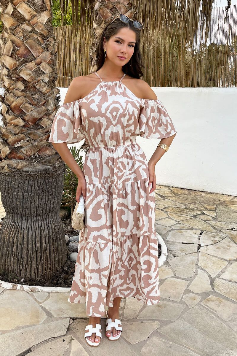 AX Paris Stone And Cream Abstract Print Cold Shoulder Smock Midi Dress