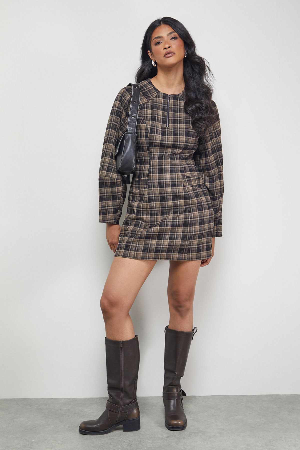 Warehouse Check Structured Seam Zip Front Mini Dress
