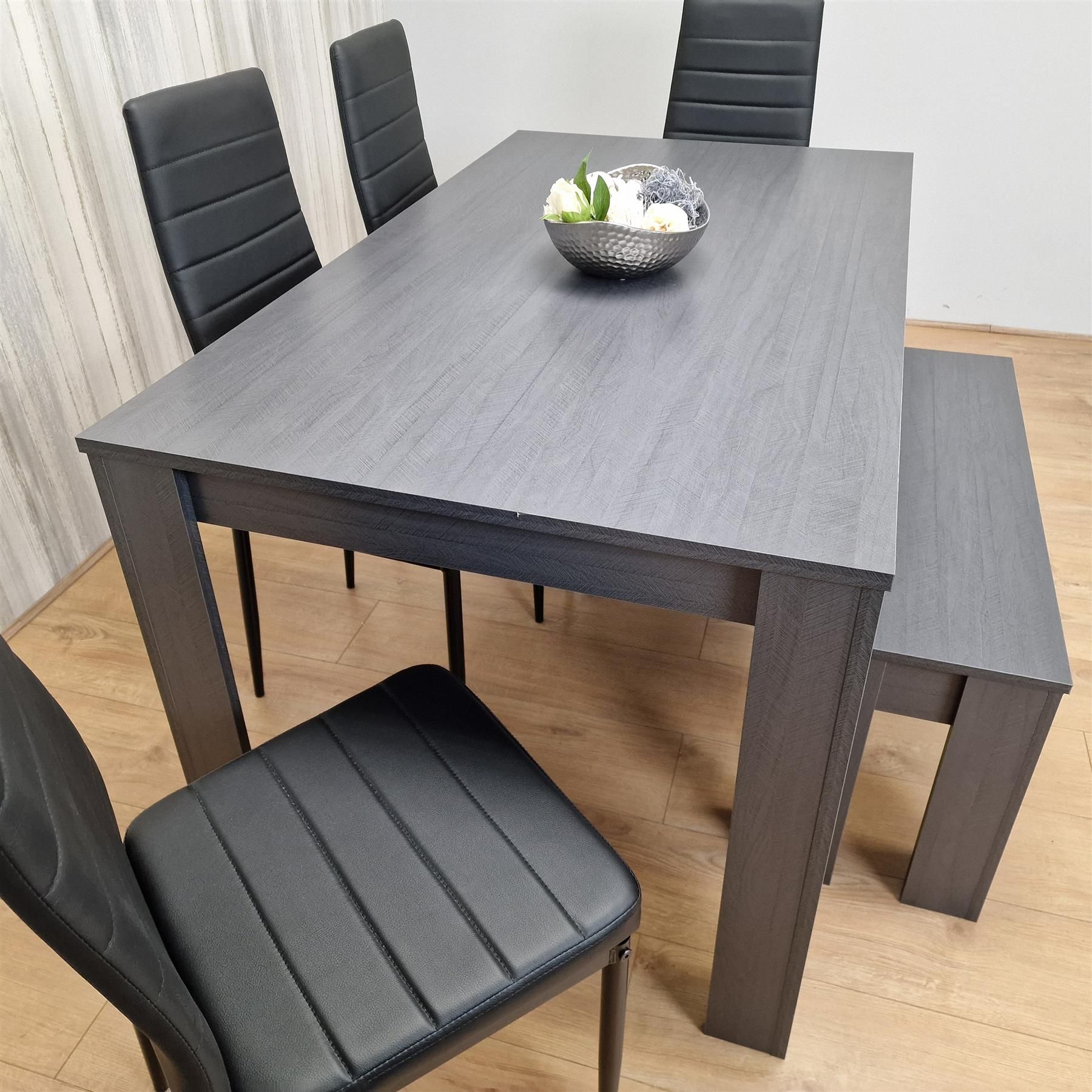 KOSY KOALA Dining Table and 4 Chairs With a Bench Black Dark Grey 4 Black Leather Chairs 1 Grey Bench Wood Dining Set Furniture