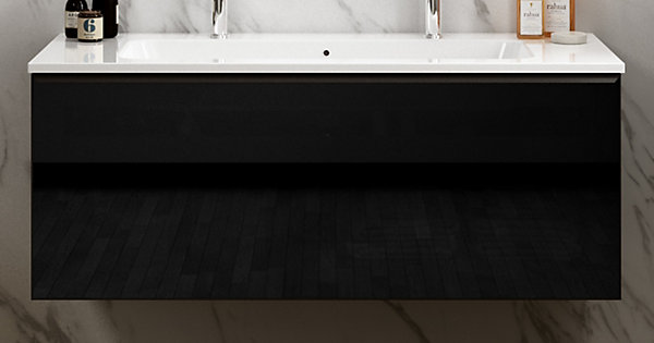 Meuble vasque suspendu noir mat et verre fumé l.120 cm   plan vasque blanc brillant résine pour 2 robinets, Pura