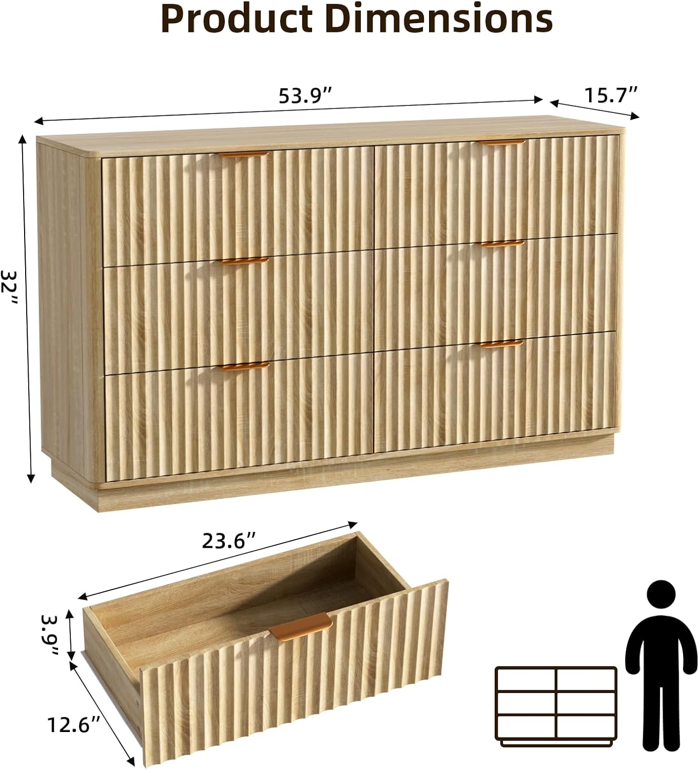 VOWNER Fluted 6 Drawers Dresser for Bedroom, 54 Wide Modern Chest of Drawers with Metal Handle, Closet Clothes Storage Organizer, Wood Dresser TV Stand for Living Room, Closet, Hallway, Entryway