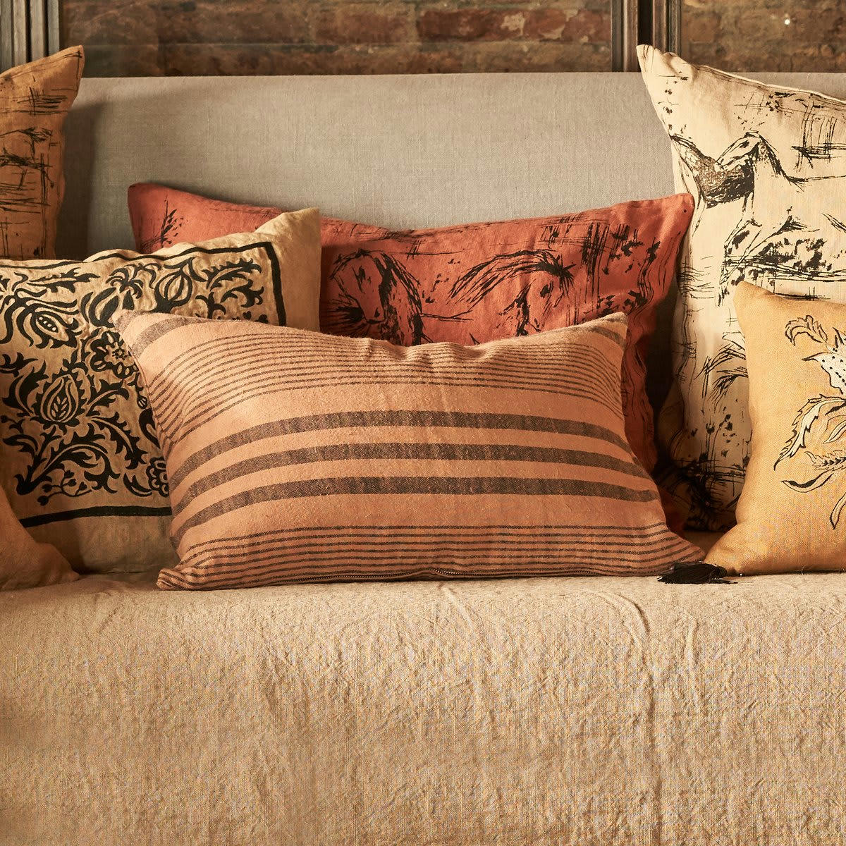 CALIFORNIE 1960 - - CALIFORNIA 1960  Coussin en lin pur lavé  Stripes chameau 40x60