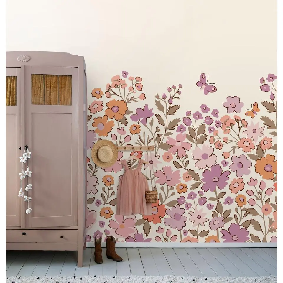 ESTAhome fotobehang bloemetjes paars en oranje - 2.5 x 2.79 m