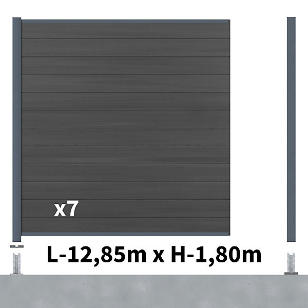 Kit Clôture Composite CRUZ Ardoise 13x1,8m - Bois composite &Aluminium - Poteaux sur Platines Gris - Brise vue - Palissade