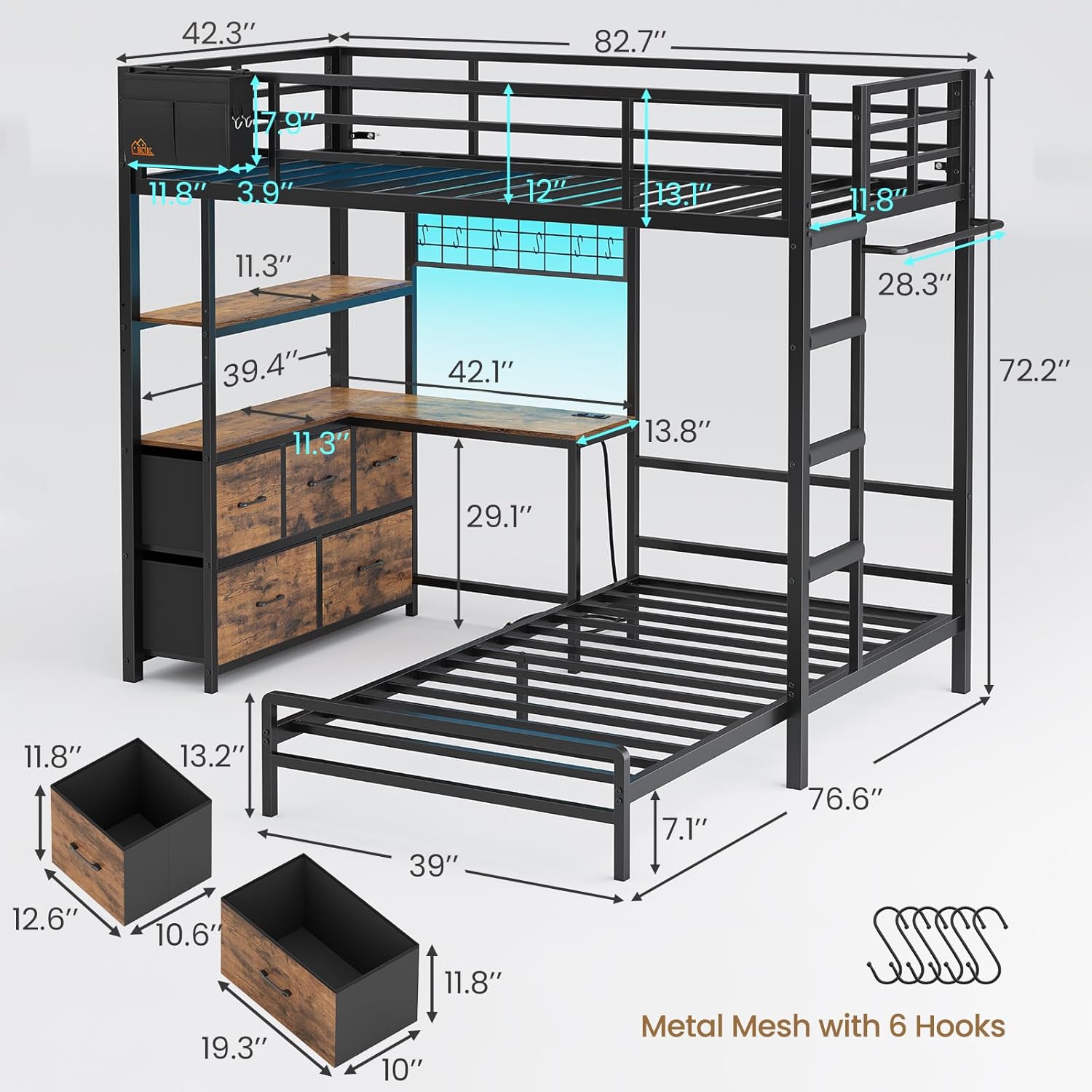 DICTAC Bunk Bed with L-Shaped Desk,5 Storage Drawers and 2 Shelves Metal Twin XL Over Twin Bunk Bed with LED Lights and Charging Station,bunk Beds with Safety Guardrail & Ladder,Space-Saving,Black