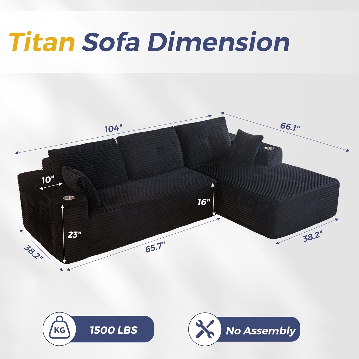 MAXYOYO 104 Modular Sectional Couch with L-Shape Chaise, Modern Boneless Couch for Living Room, Sofa in A Box, Oversized Sofa Sleeper with Deep Seat, No Assembly Required, Black