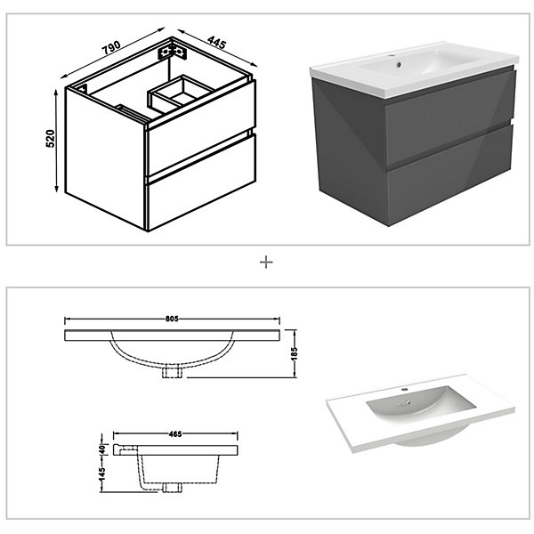 Ensemble meuble salle de bain 80 cm anthracite brillant avec 2 tiroirs, lavabo céramique simple   colonne haute, suspendu