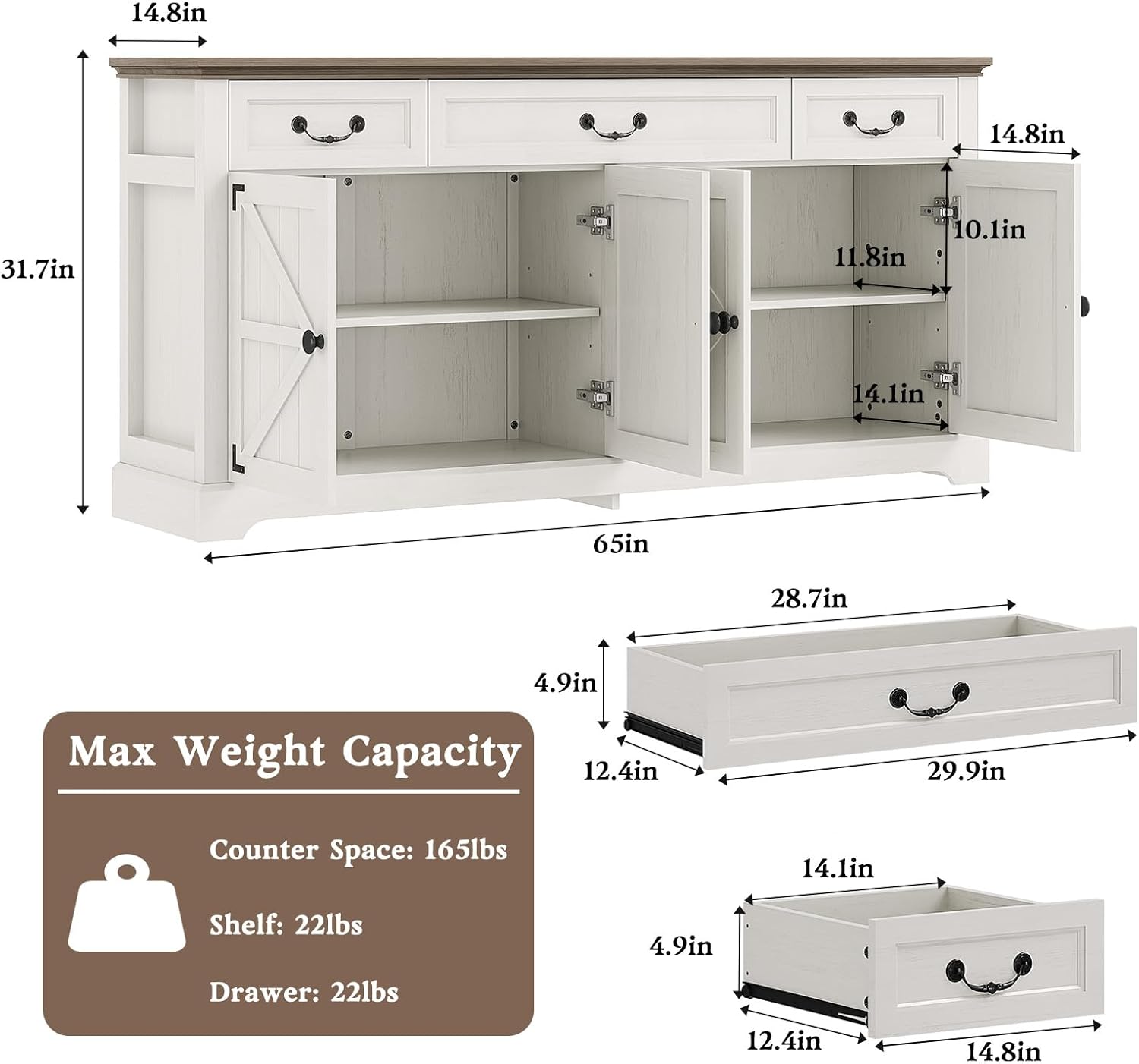 Sunny Heart 65 Large Buffet Storage Cabinet, Farmhouse Kitchen Sideboard Buffet with 3 Drawers and 4 Doors, Coffee Bar Wine Bar Cabinet with Storage for Living Room, White