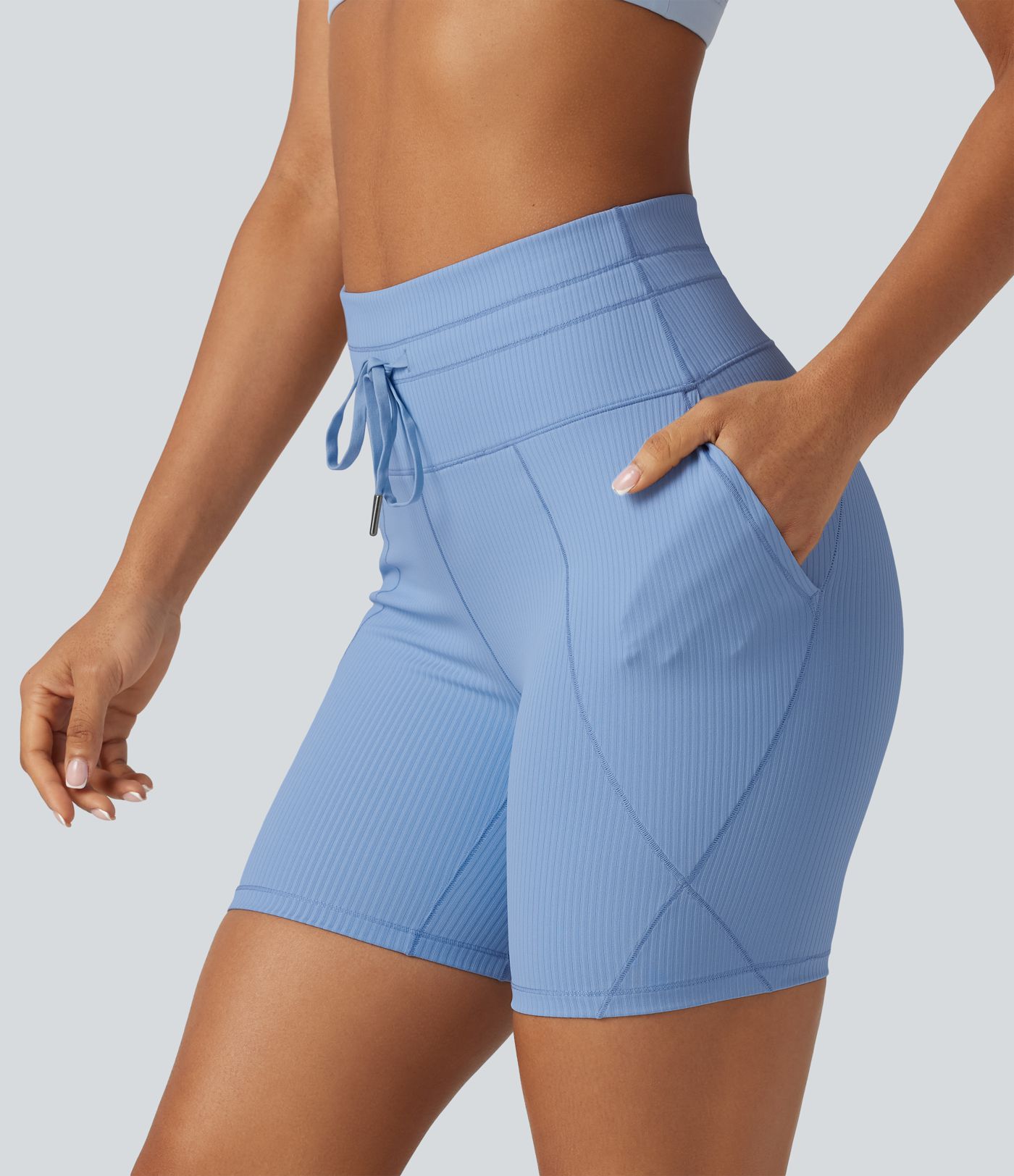Short cycliste de yoga en maille côtelée taille haute avec cordon de serrage séchage rapide 15 cm avec poches - UPF50