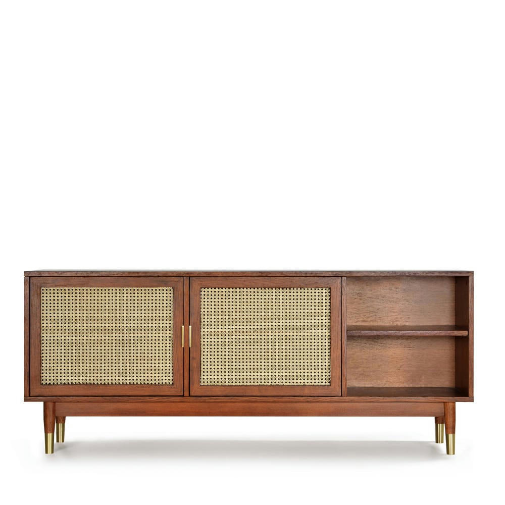 HOGARN - Meuble TV design 2 portes bois et cannage bois foncé