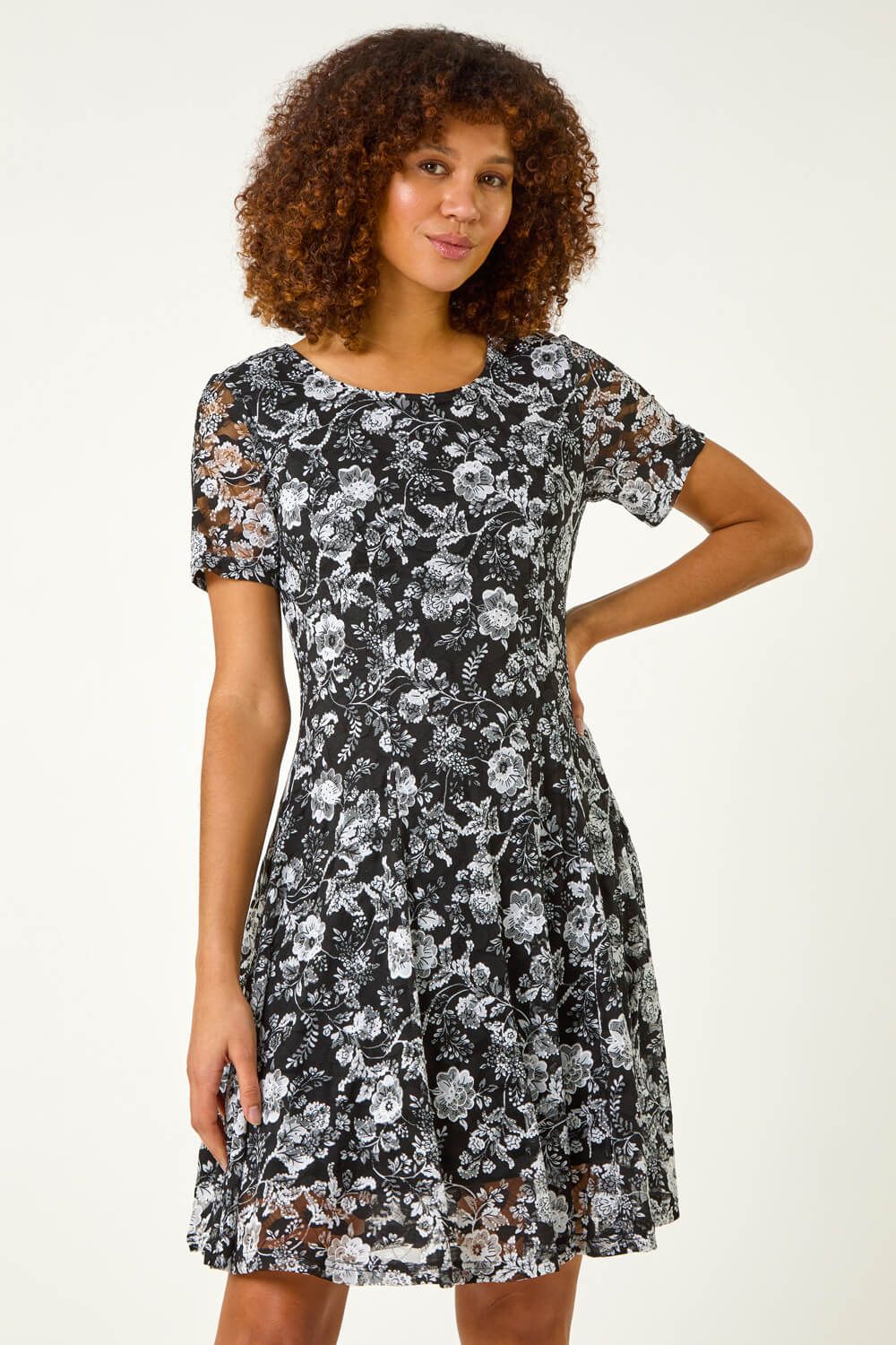 Roman Rose Print Lace Stretch Dress