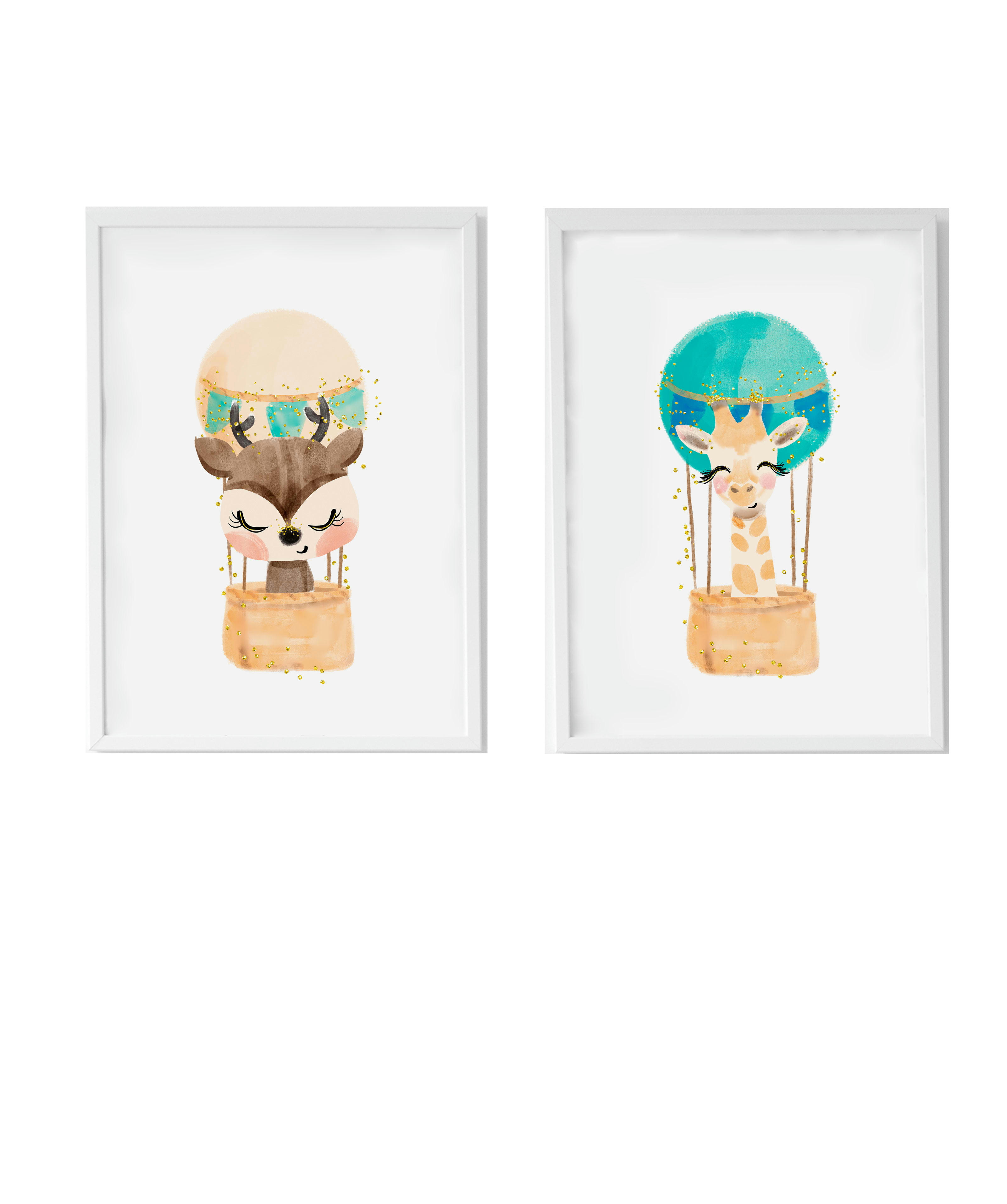 DECOWALL - Pack encadré bois blanc impression le cerf girafe ballon 43X33 cm