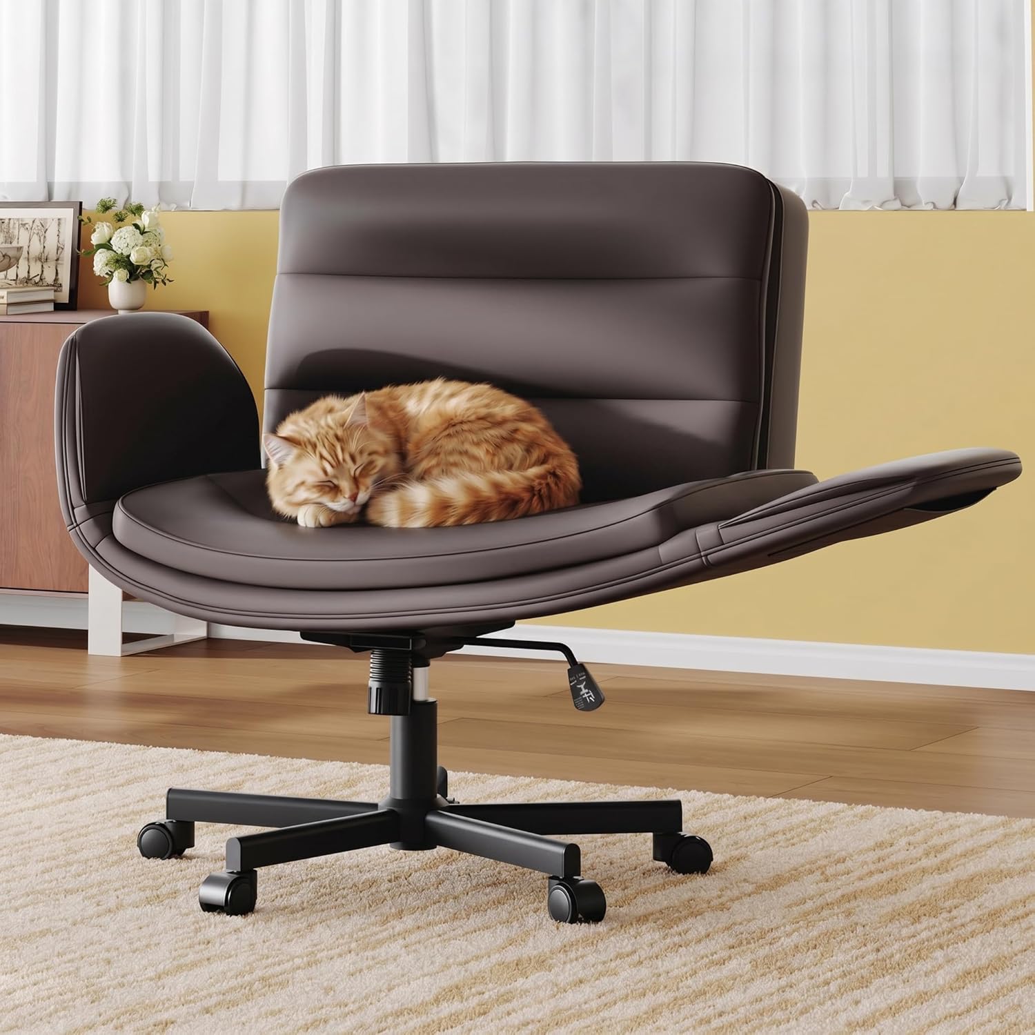 Criss Cross Chair with Flip-Up Arms & Swivel Wheels, Vanity Chair with Adjustable Height & Side Pockets, Comfortable Wide Seat Reclining Computer Office Desk Chairs for Home Office, Make Up, Bed Room