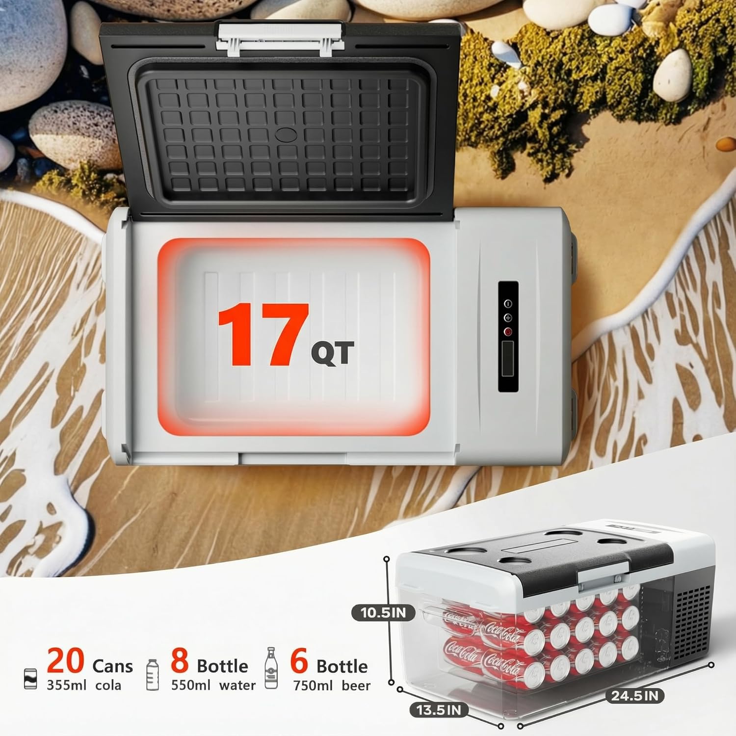 EKOJUCE Portable 12V Refrigerator, 17 Quart Compressor Electric Cooler, 12V Fridge -4℉-68℉, Portable Freezer for Camping, RV, Outdoor