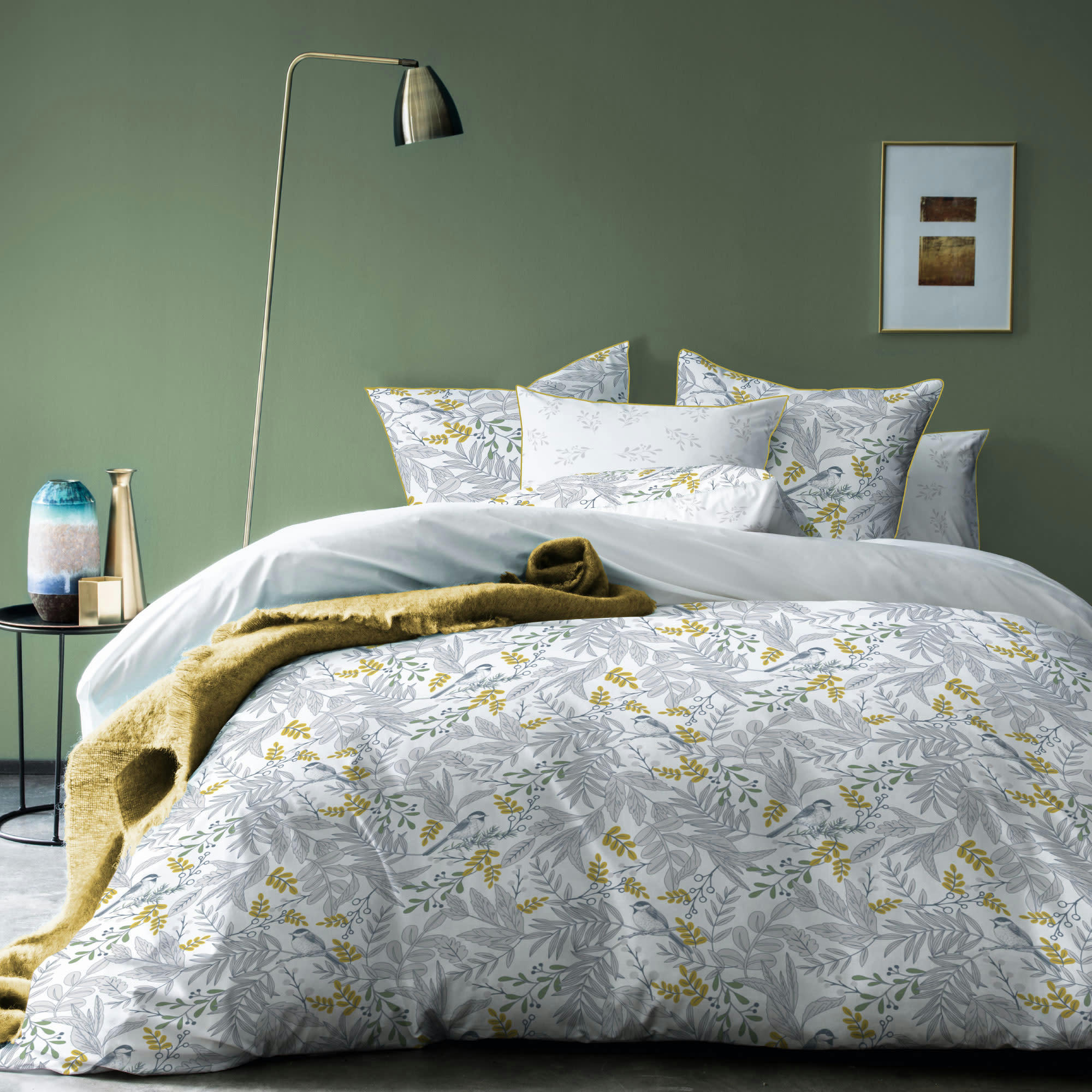 BIRD - Parure de lit imprimée en coton Blanc 260x240+2x65x65cm