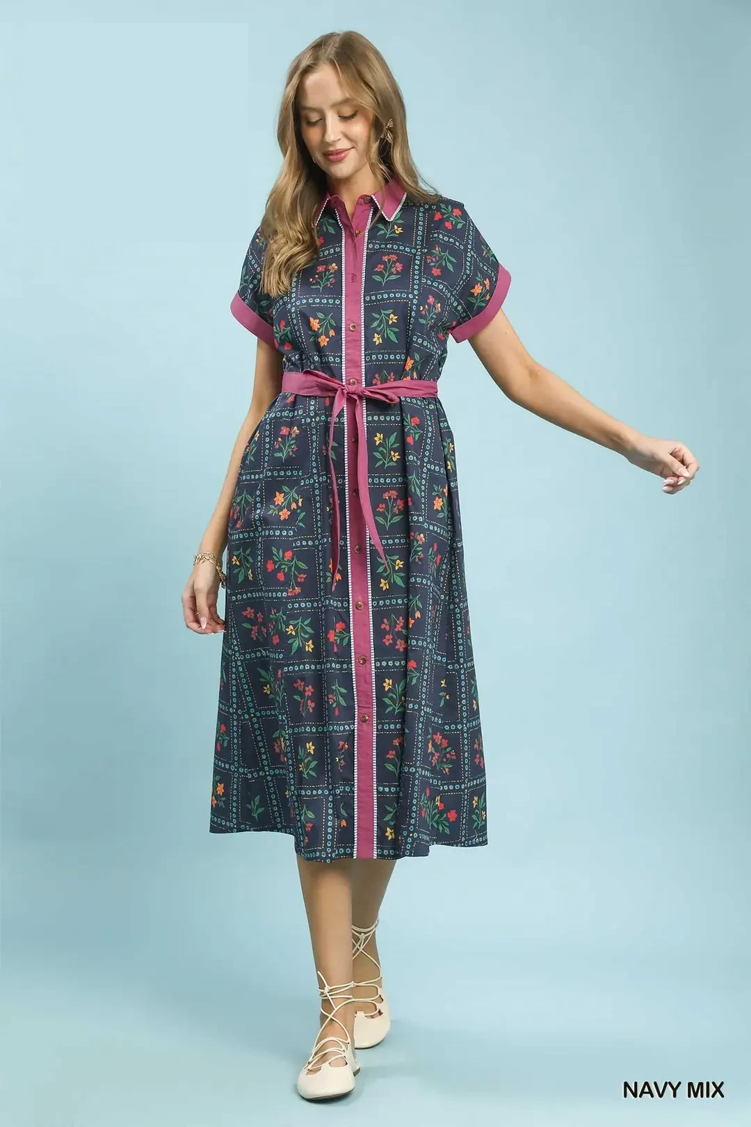 Mix Floral Button-Front Midi Dress