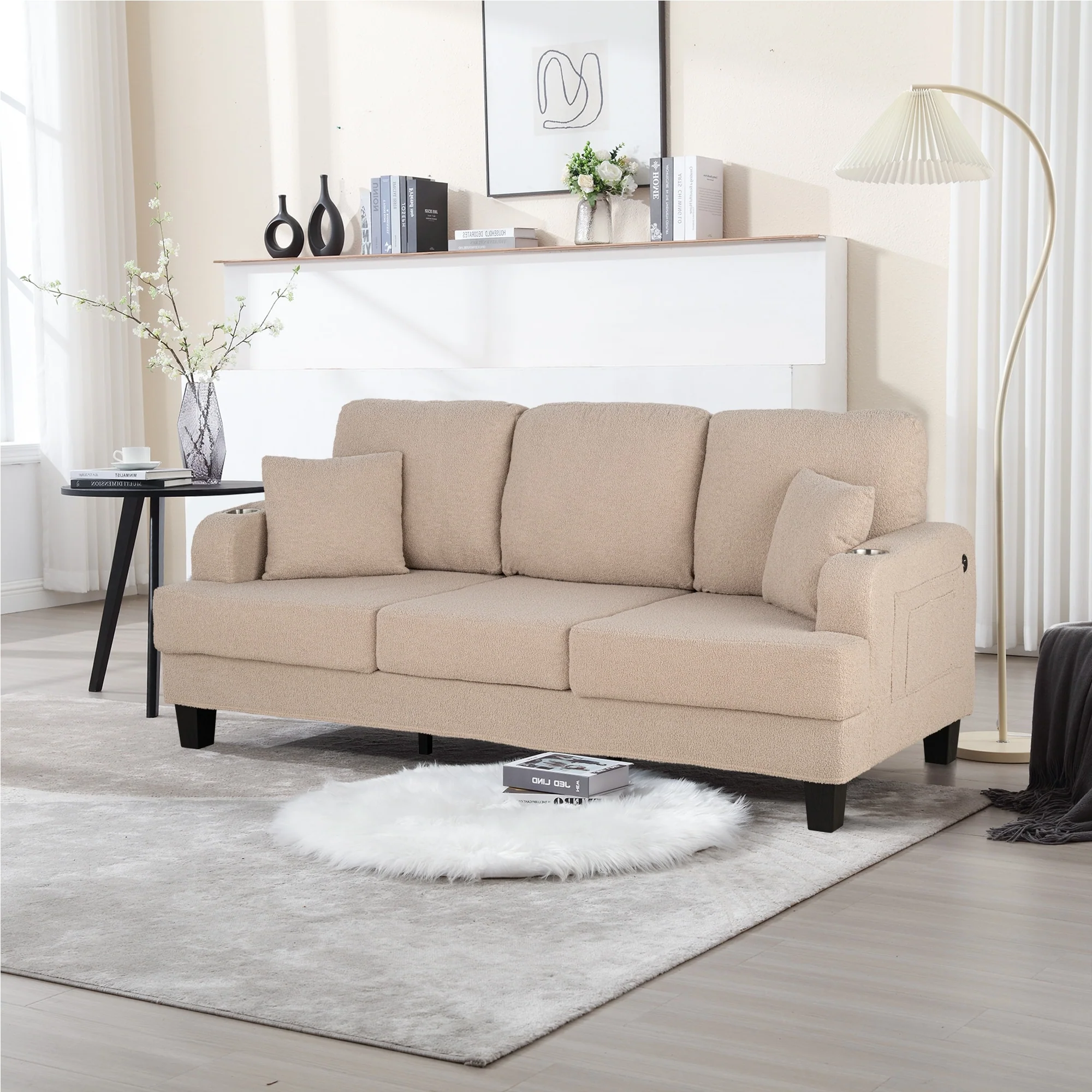 85 Modern Beige Corduroy 3-seater Sofa with USB and 2 Pillows