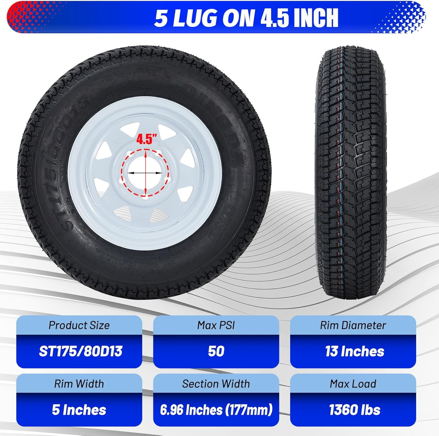 Garvee ST175/80D13 Trailer Tires with 13 in Rims, 5 Lug on 4.5 in, Load Range C, 6PR