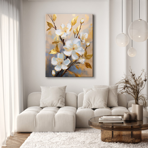 Feeby Obraz na płótnie, Kwiaty Magnolia Biały Złoty 40x60