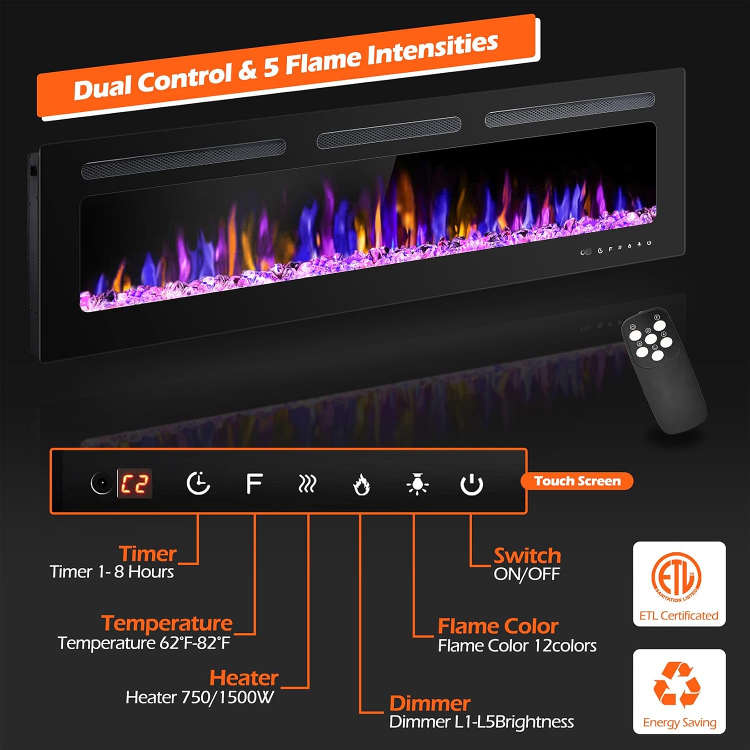60 Electric Fireplace Wall Mounted and Recessed with Remote Control, 750/1500W Ultra-Thin Wall Fireplace Heater W/Timer Adjustable Flame Color and Brightness, Log Set & Crystal Options