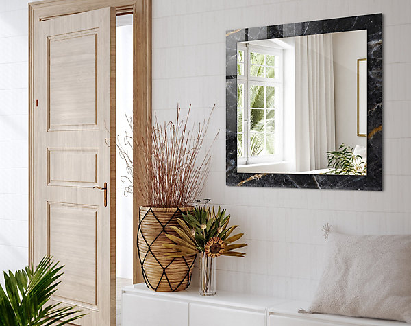Miroir Imprimé Wallfluent 50x50 - 60x60 Veines De Marbre Noir De Salon, Chambre, Bain Imprimé