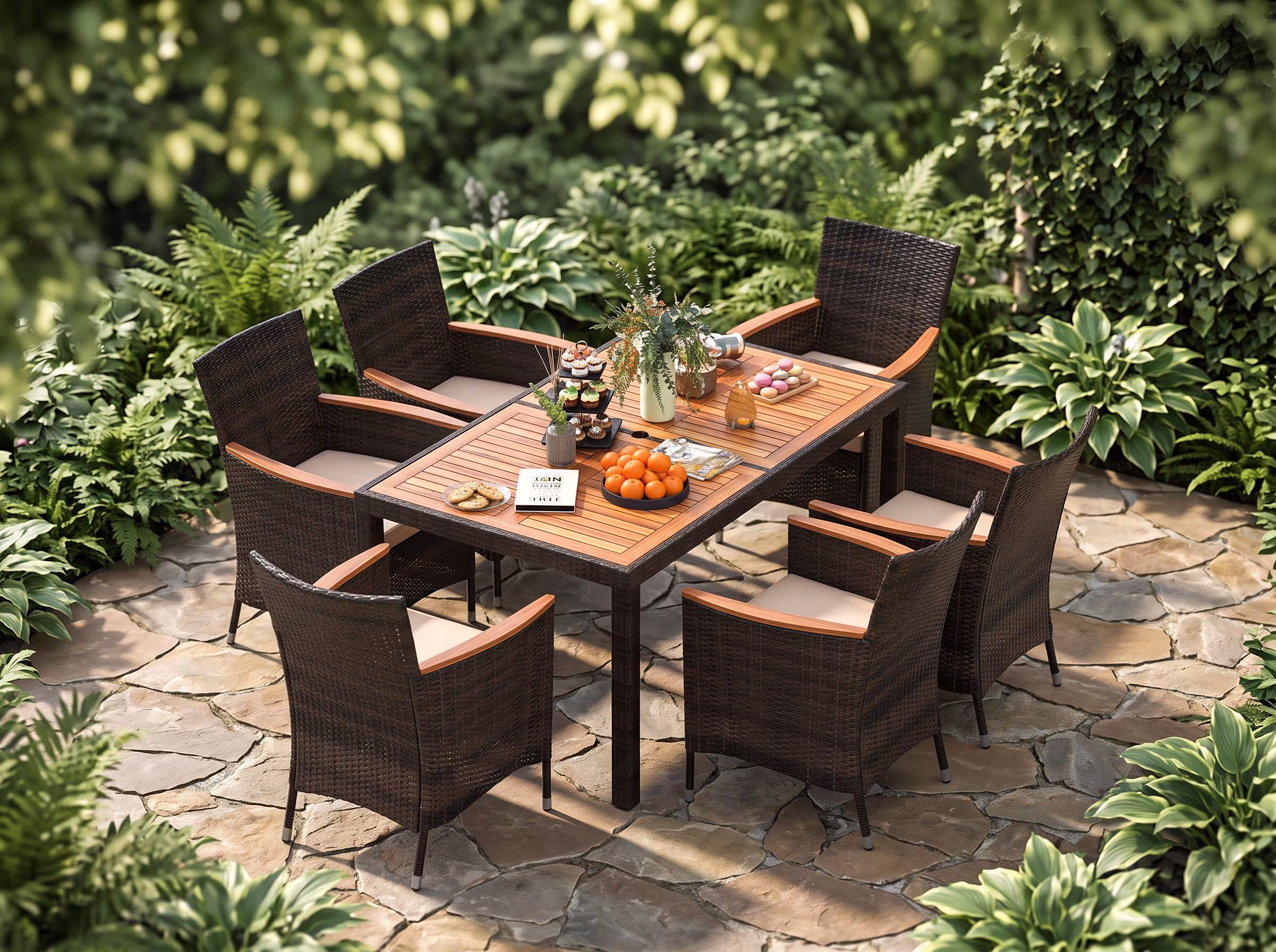 7 Piece Outdoor Patio Dining Set, Acacia Wood Table, 6 Stackable Wicker Chairs, PE Rattan Garden Furniture with Cushions