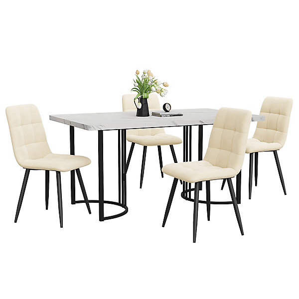 Ensemble table et chaises 140x80x75 cm avec 4 chaises, table rectangulaire MDF motif marbre, chaises velours