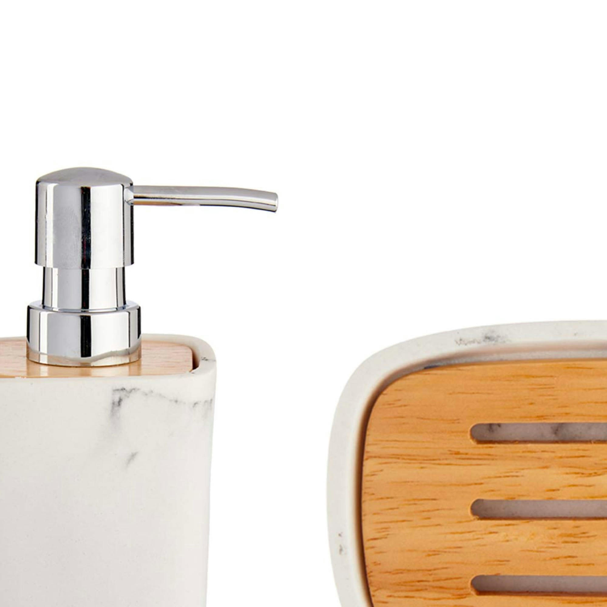 - Set salle de bain plastique effet marbre blanc et bambou - 3 pièces