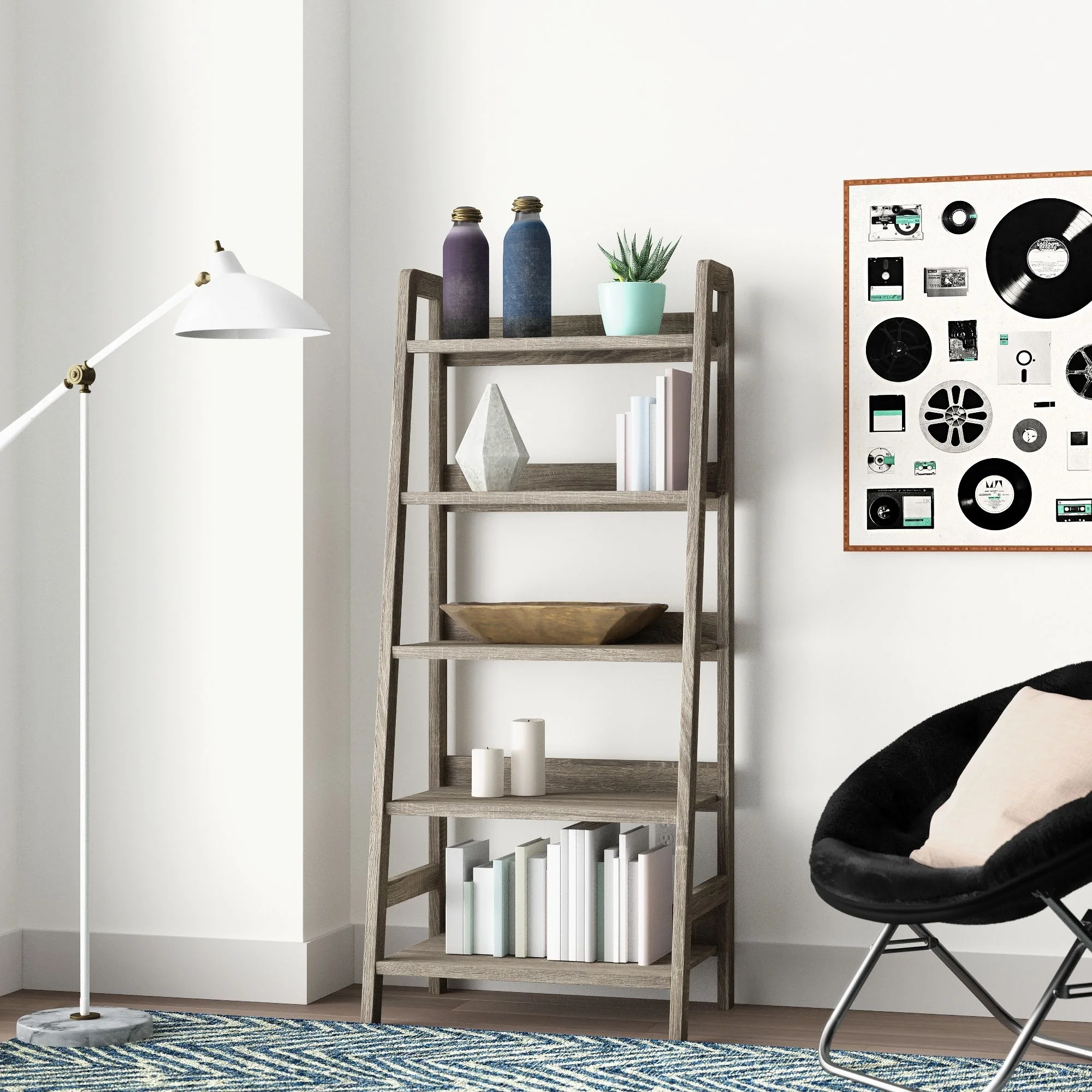 5 Tier Ladder Shelf Bookcase - 60.25 - Gray