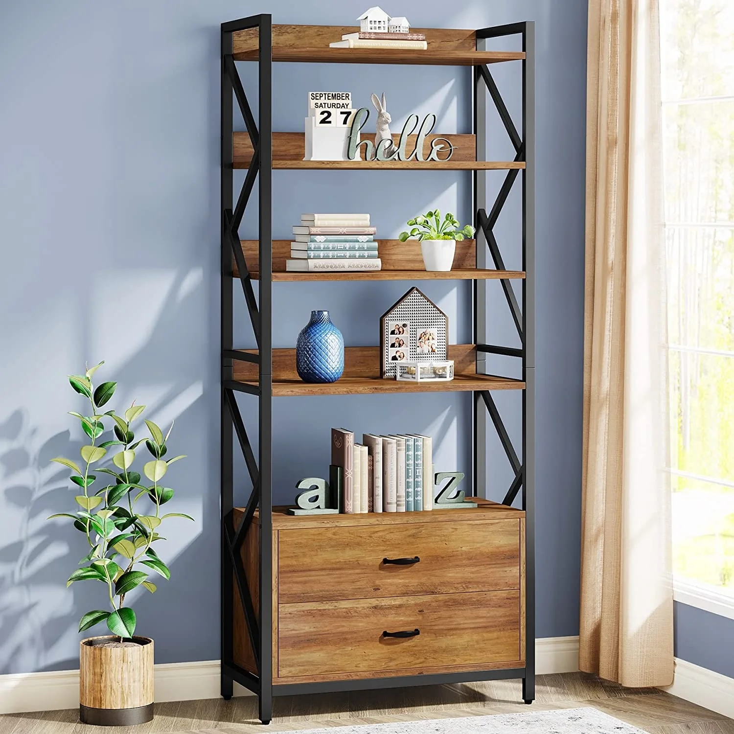 5-Tier Bookcase with 2 Drawers, 70.86'' Tall Bookshelf with Open Storage Shelf for Home Office