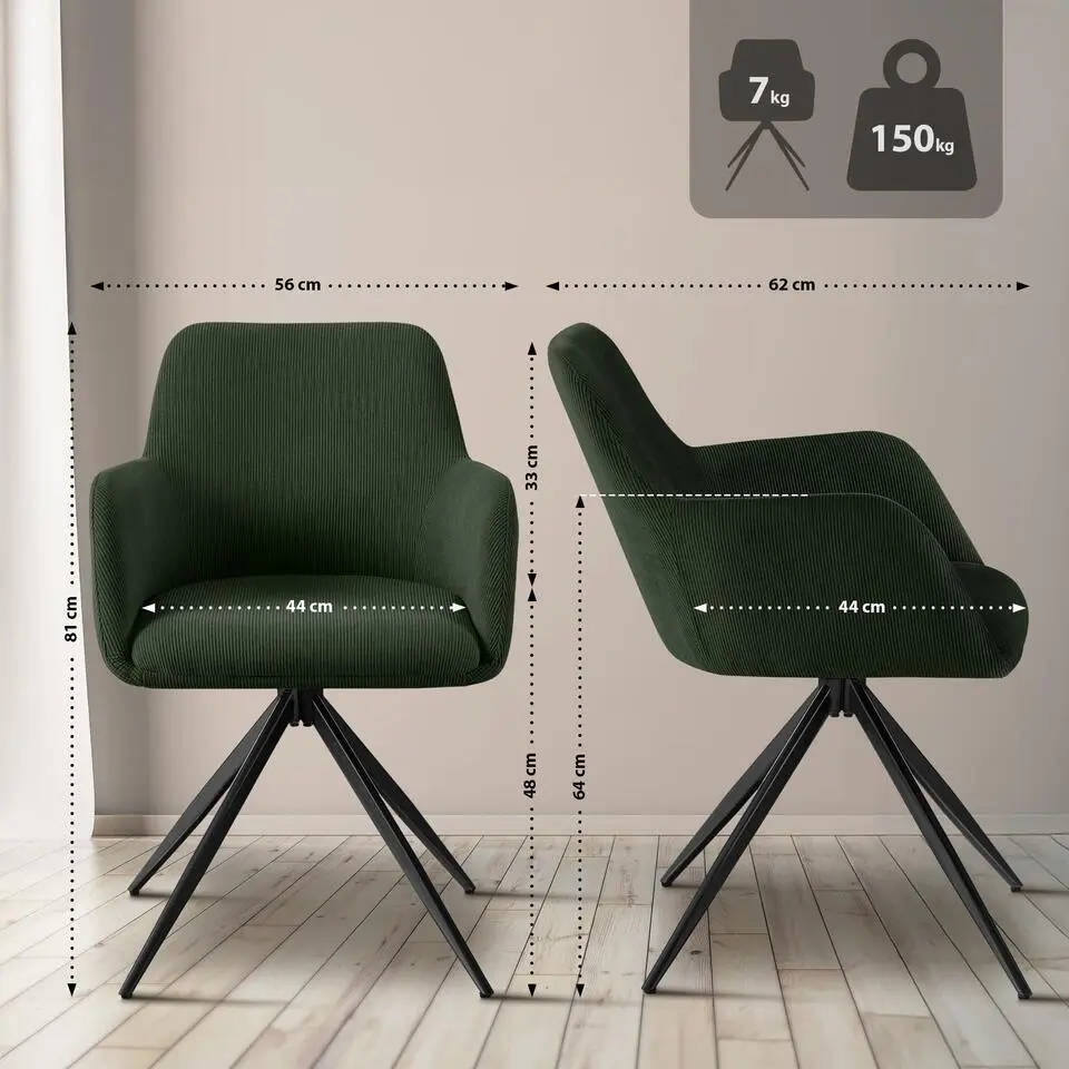 CLP Eetkamerstoel Olema zwart Frame - Ribstof - groen